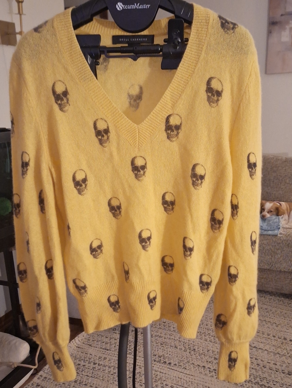360 Cashmere Yellow V-Neck Skull Print Sweater